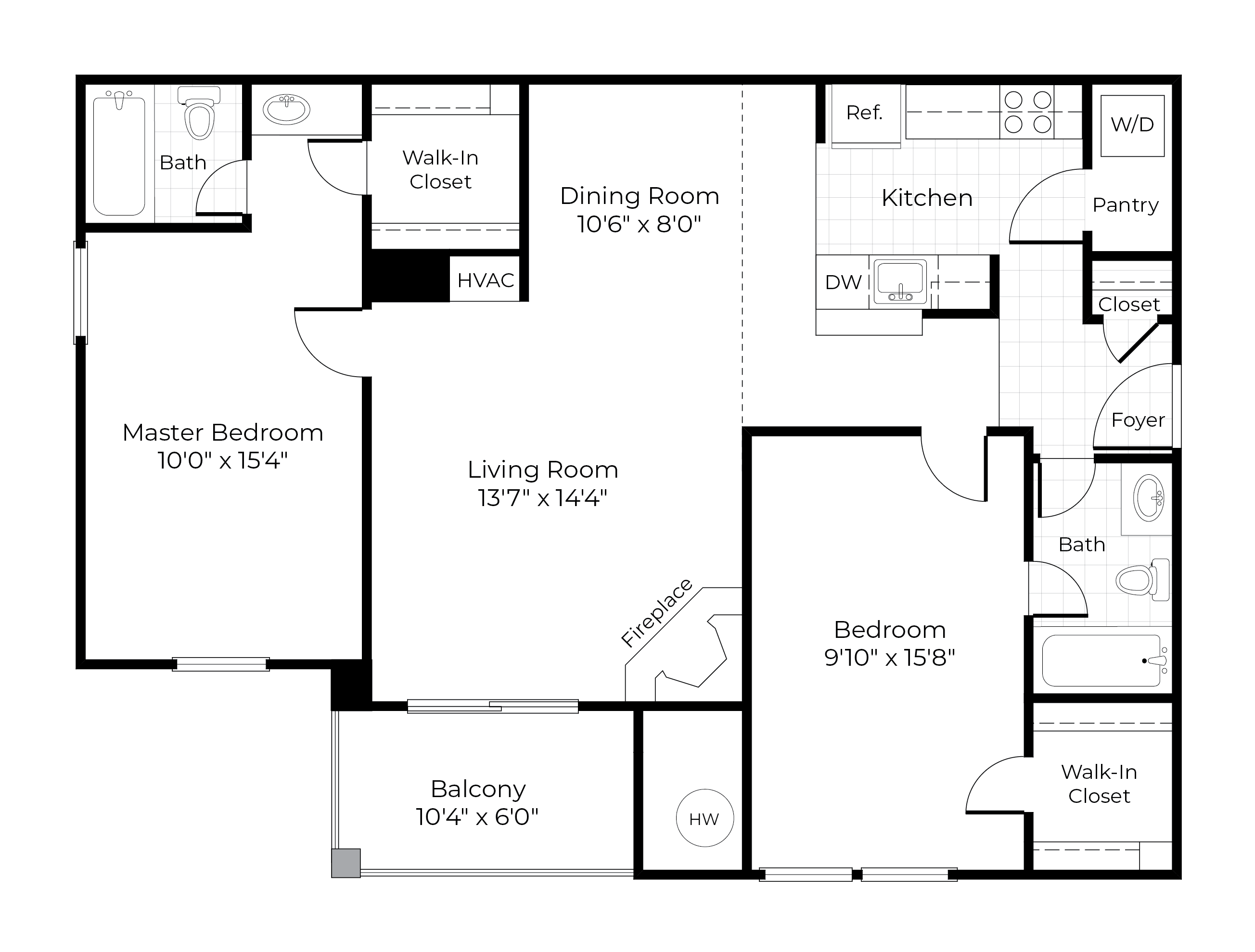 Floor plan for 2 beds, 2 baths, 1010 sqft